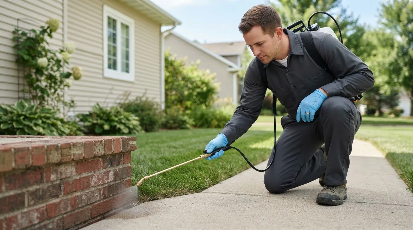 Pest control technician treating a home near Pomerene, AZ